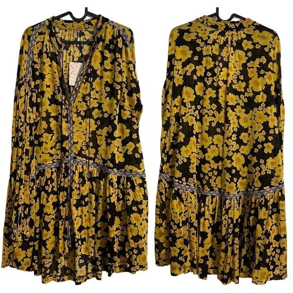 Free People Love Letter Tunic Floral Yellow Black M - Picture 8 of 11
